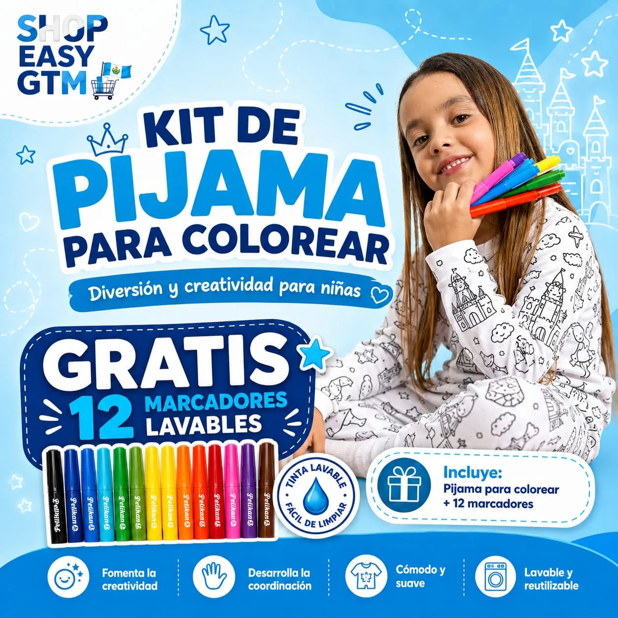 PintaSueños™ Kit Pijama Para Colorear + 12 Marcadores Lavables