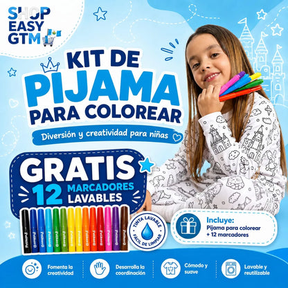 PintaSueños™ Kit Pijama Para Colorear + 12 Marcadores Lavables