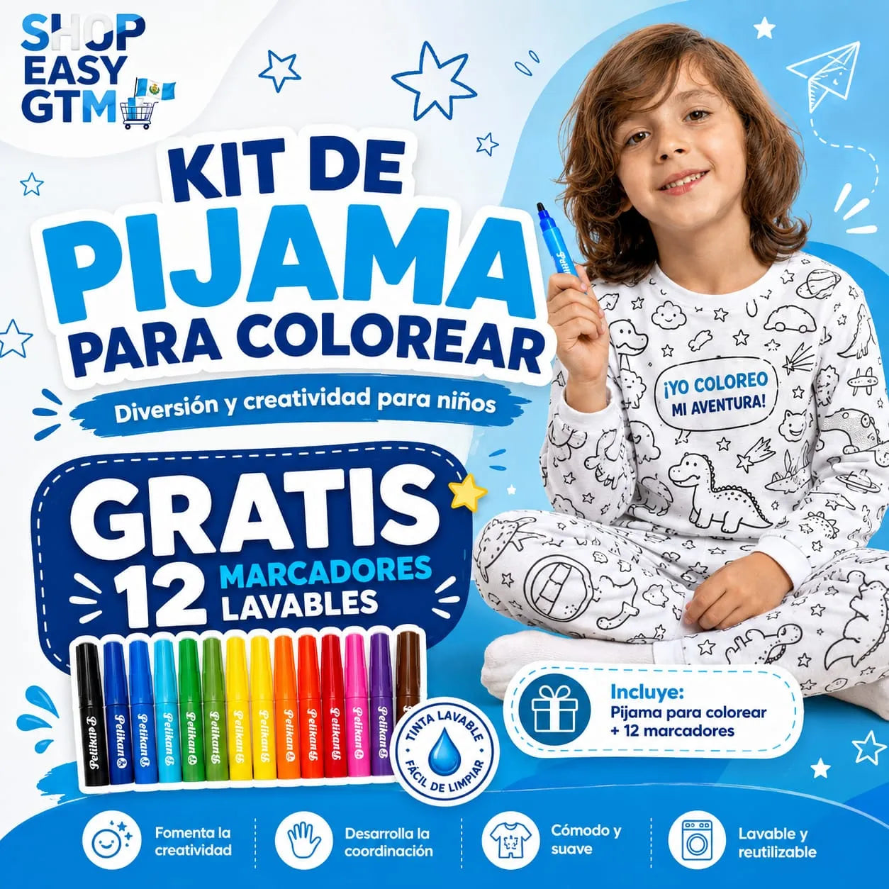 PintaSueños™ Kit Pijama Para Colorear + 12 Marcadores Lavables